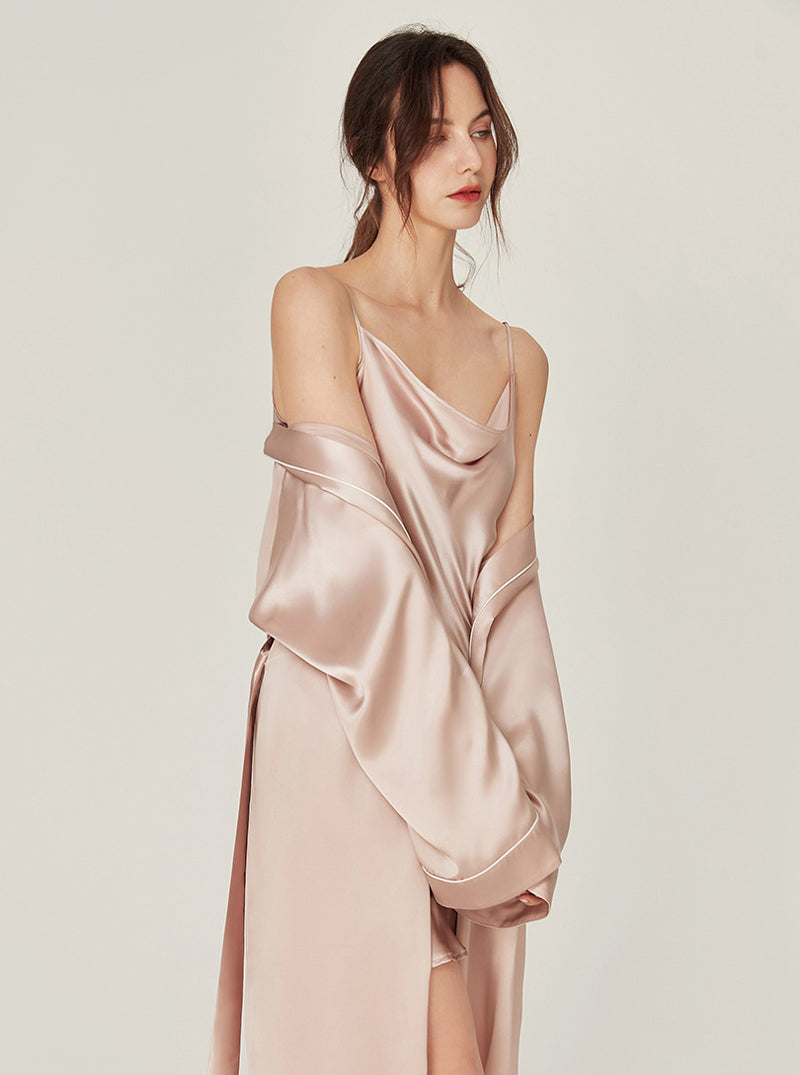 Silk Wedding Morning Robe V Collar Advanced Sense Simplicity Pure Color Medium Length Night-Robe Female