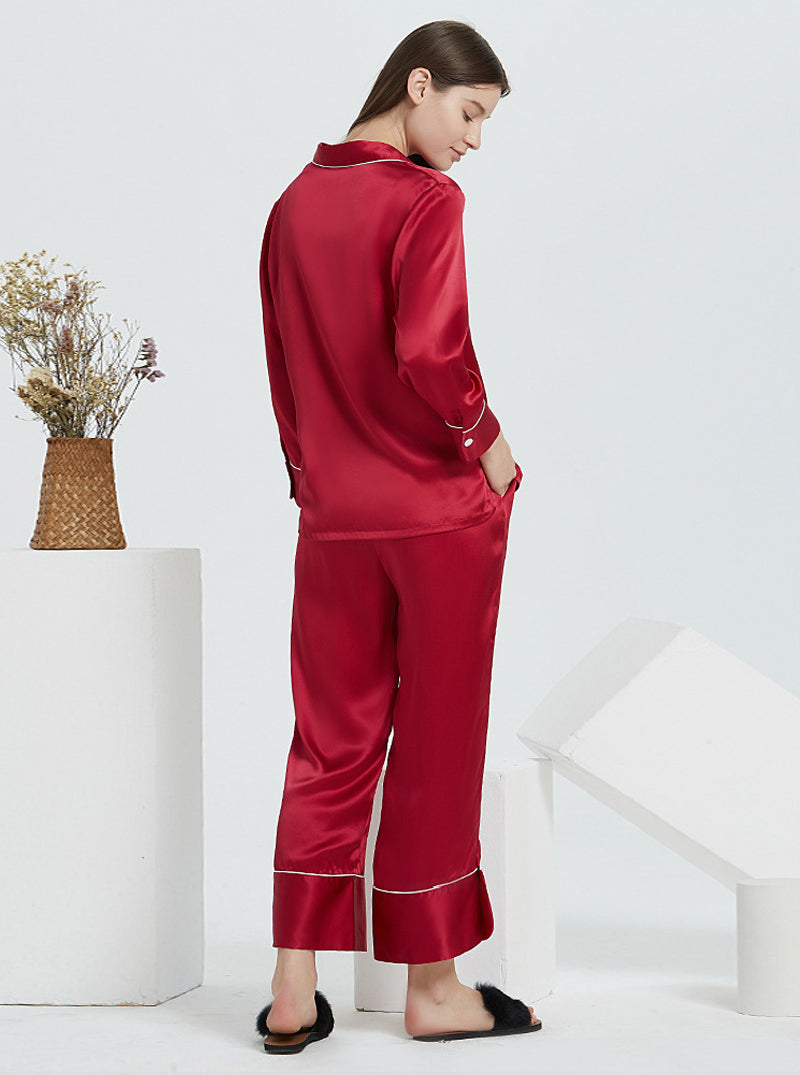 19 Momme Silk Spring And Autumn Female Suit Collar Simple Fashion Comfortable High-End Solid Color Long-Sleeved Trousers Pajamas Two-Piece Set