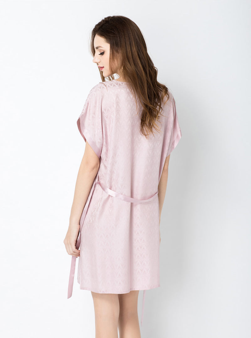 Jacquard Silk Summer Ladies V-Neck Stitching High-End Luxury Elegant Solid Color Belt Short-Sleeved Nightdress