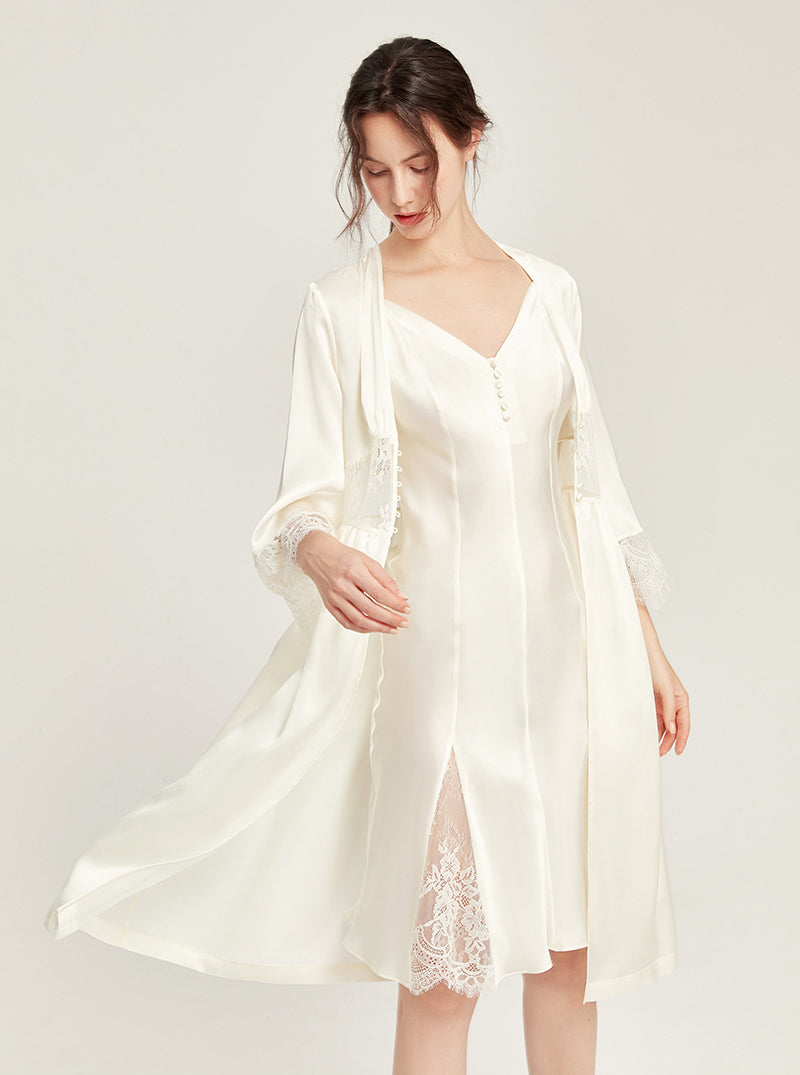 Silk Spring And Autumn Female V-Neck Waist Lace Long-Sleeved Sexy High-End Retro Elegant French Solid Color Pajamas