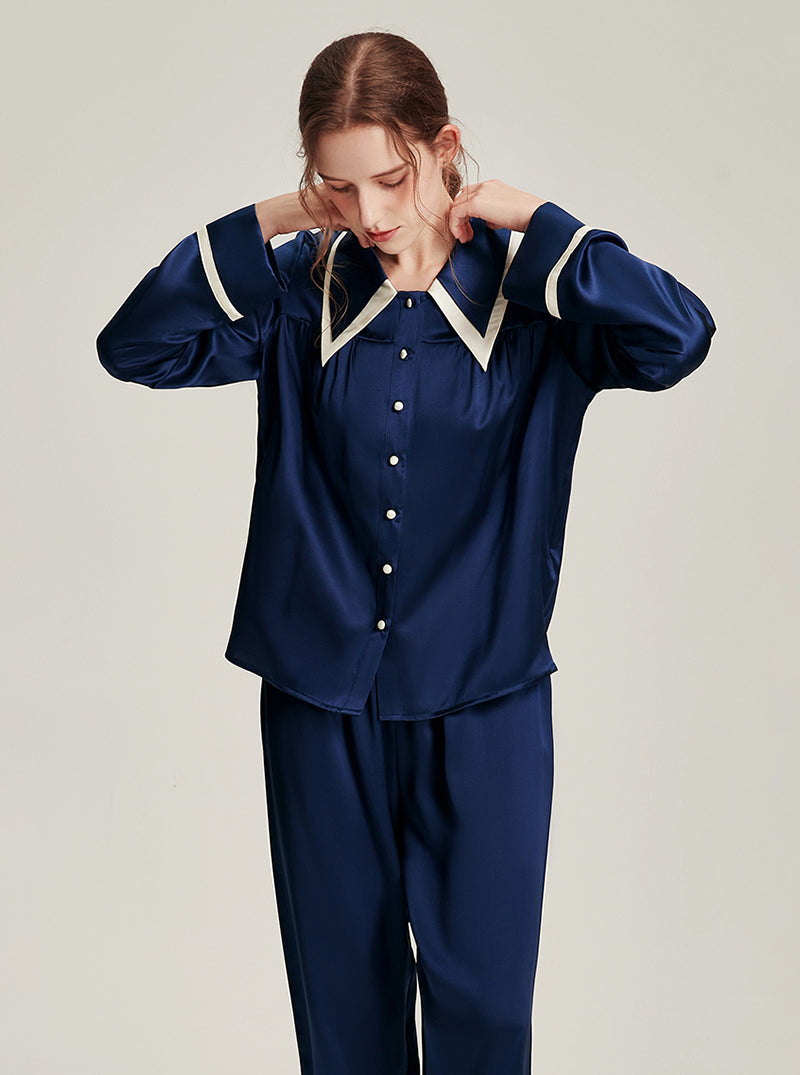 Silk Female Autumn Lapel Stitching Design Simple Fashion Soft Breathable Comfortable Long Sleeve Pajamas Two Pieces Of Solid Color