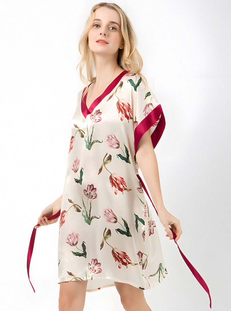 Printed Summer Ladies Silk V-Neck Elegant Luxurious Noble Simple Short Sleeve Belt Nightdress
