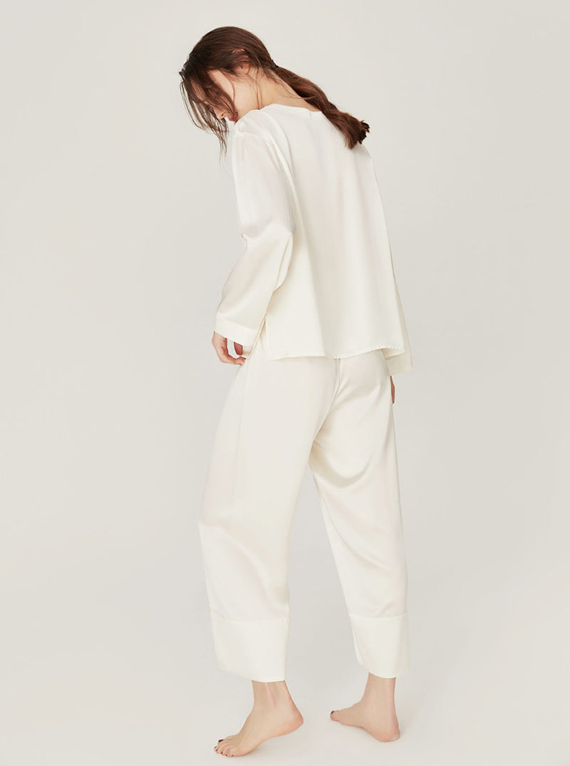 Silk Spring Summer Simplicity Round Collar Matching Pajamas Small Split Hem Long Sleeve Two-Piece Set Female