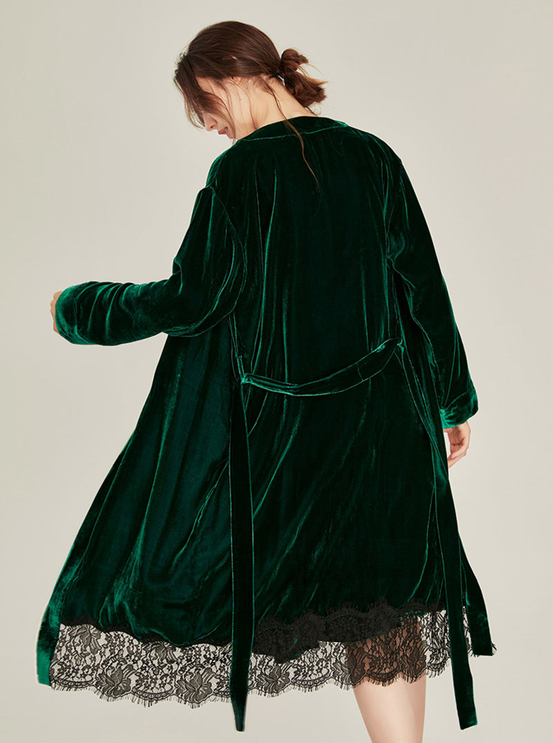 Autumn Winter Silk Velvet Female Medium Length Matching Pajamas V Collar Lace Stitching Hem Slim Sling Nightdress And Night-Robe Set