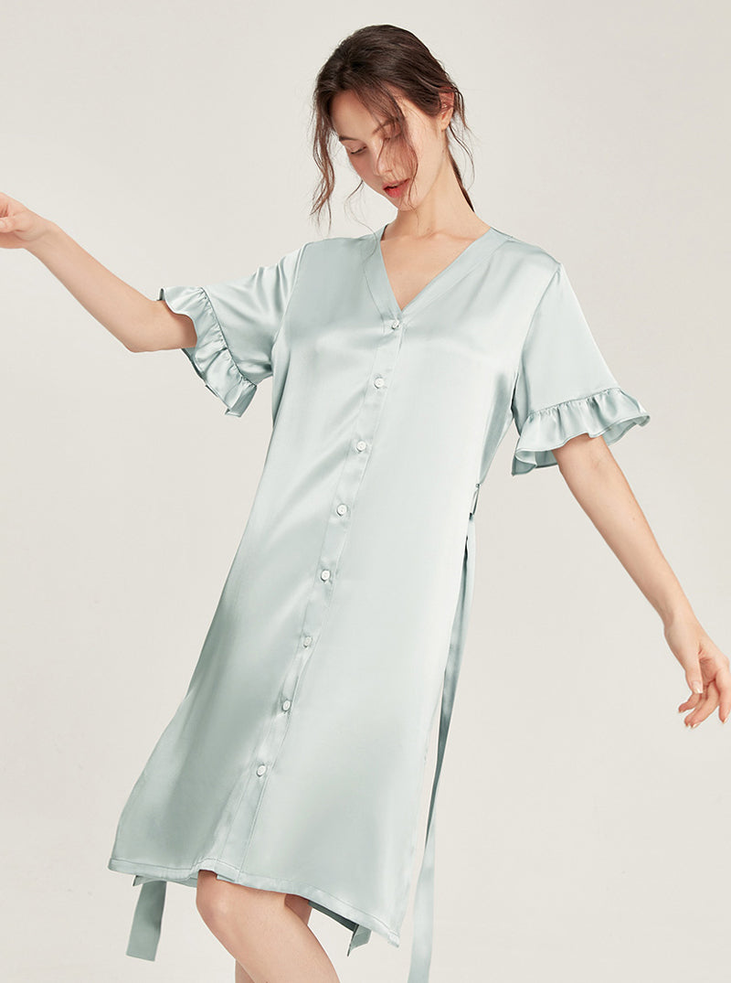 Female Summer 19 Momme Pure Color Silk Buttons V Collar Split Hem Ruffle Short Sleeve Medium Length Night-Robe