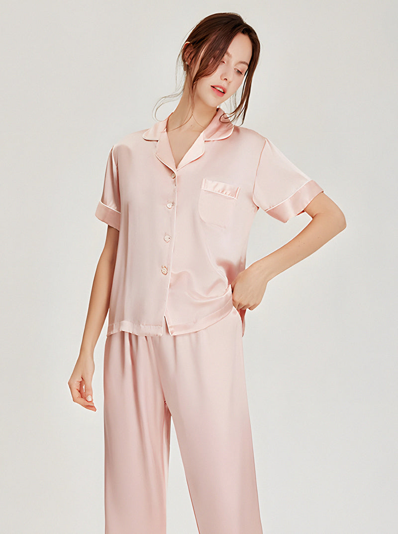 19 Momme Ladies Summer Multicolor Contrast Small Lapel Button Soft And Comfortable Short Sleeve Pants Pajama Two Piece Set