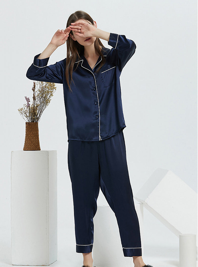 Silk Spring And Autumn Female Suit Collar Simple Fashion Classic Long Sleeve Pants Pajamas Two-Piece Set