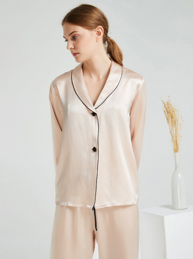 Spring 19 Momme Silk Small Lapel Female Elegant Simple Light Color Long Sleeve Pants Two Piece Pajamas