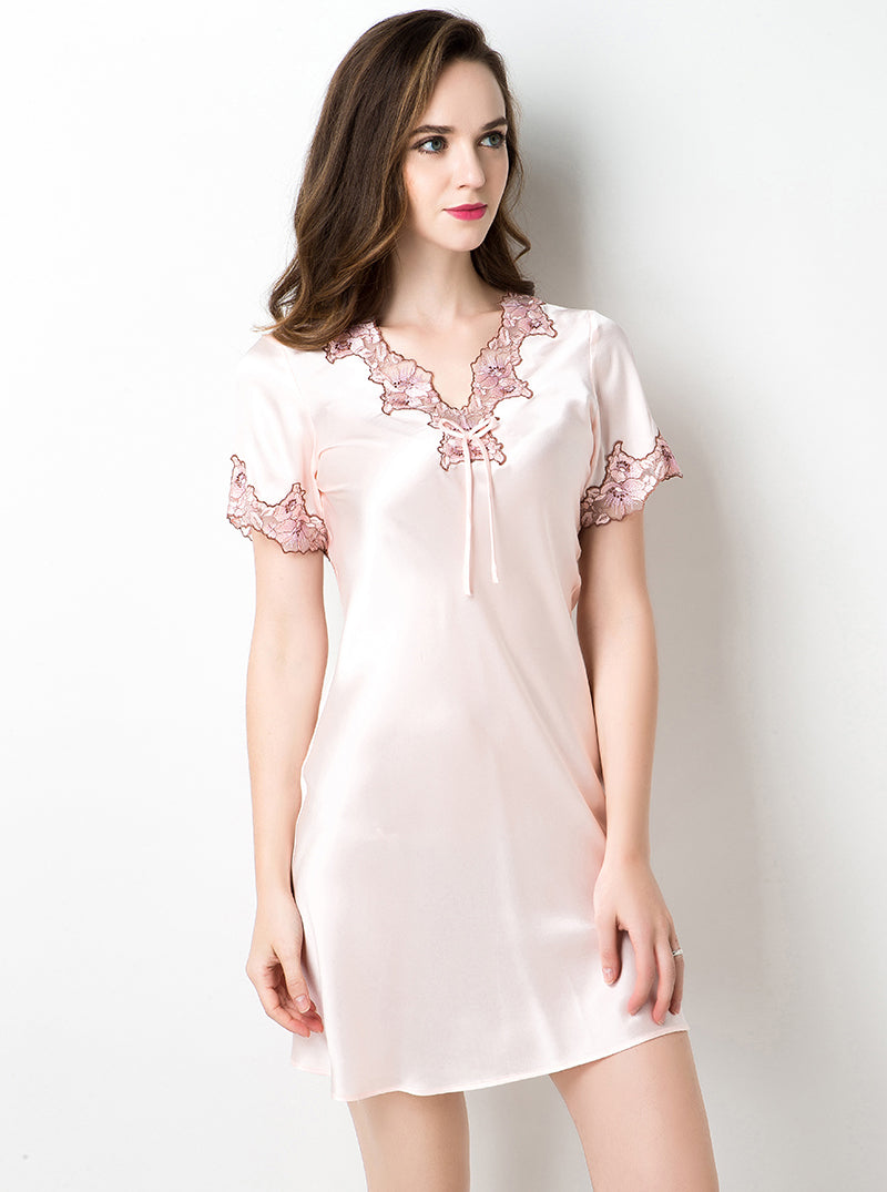 Silk Summer Female Lace Stitching V-Neck Sexy High-End Luxury Casual Solid Color Short-Sleeved Nightdress