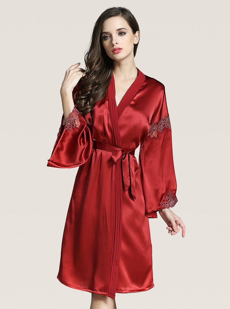 V-Neck Sexy Summer Female Silk Stitching Perspective Lace Elegant Slim High-End Solid Color Suspender Nightdress Long-Sleeved Nightgown Two-Piece Set