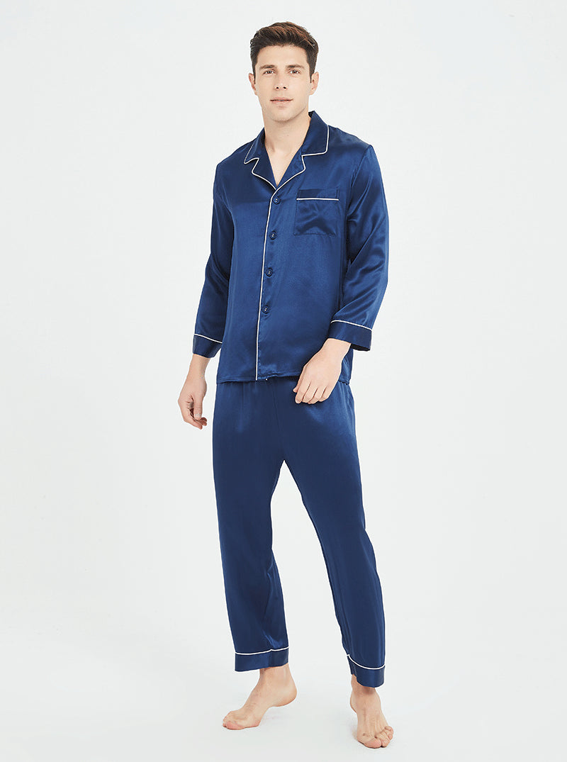 19 Momme Silk Spring And Autumn Male Small Lapel Comfortable And Breathable Classic Version Solid Color Long-Sleeved Trousers Pajamas Two-Piece Set