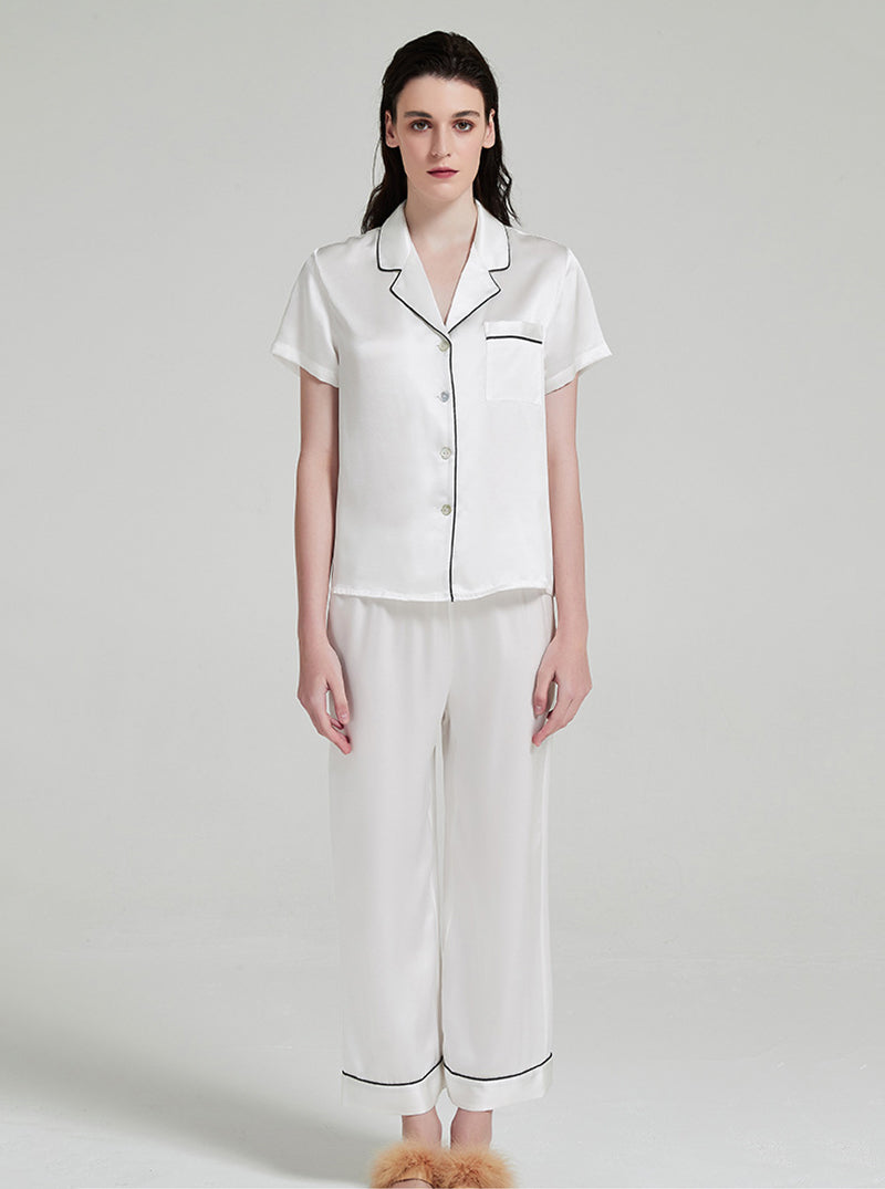 Suit Collar 19 Momme Silk Female Summer Multiple Colors Simple Classic Comfortable Short Sleeve Pants Pajamas Two Piece Set