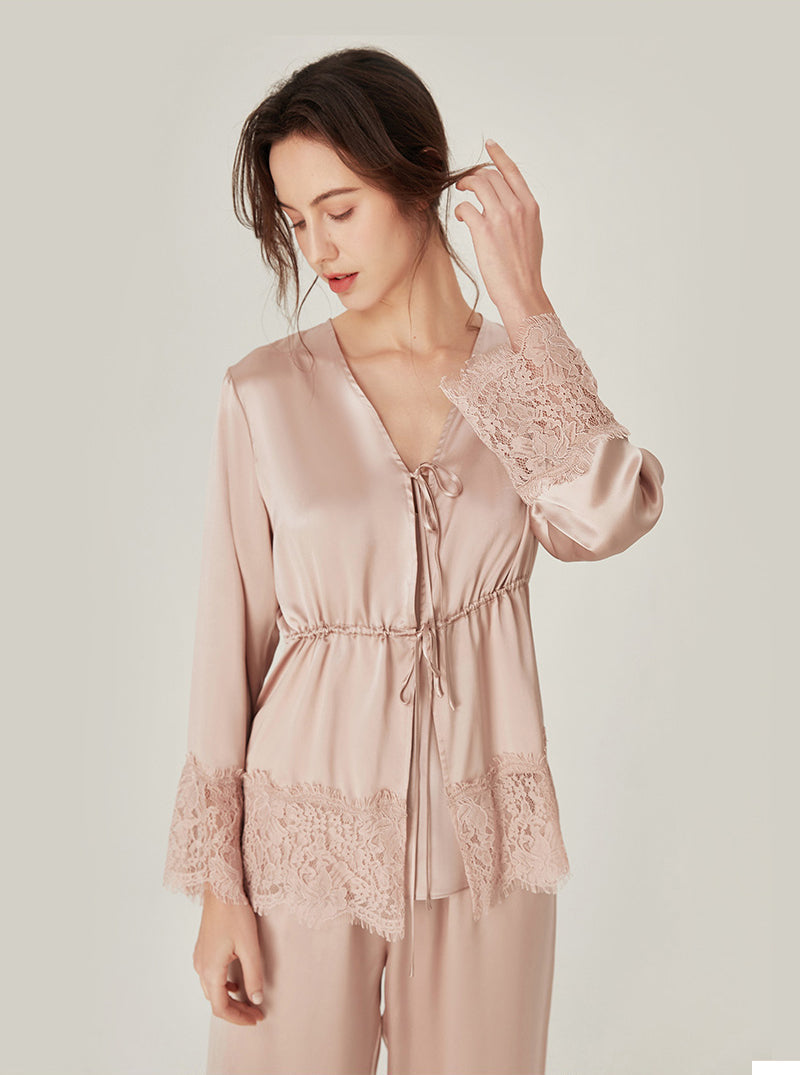 Silk Spring Female V Collar Lazy Retro Matching Pajamas Lace Stitching Three-Piece Set