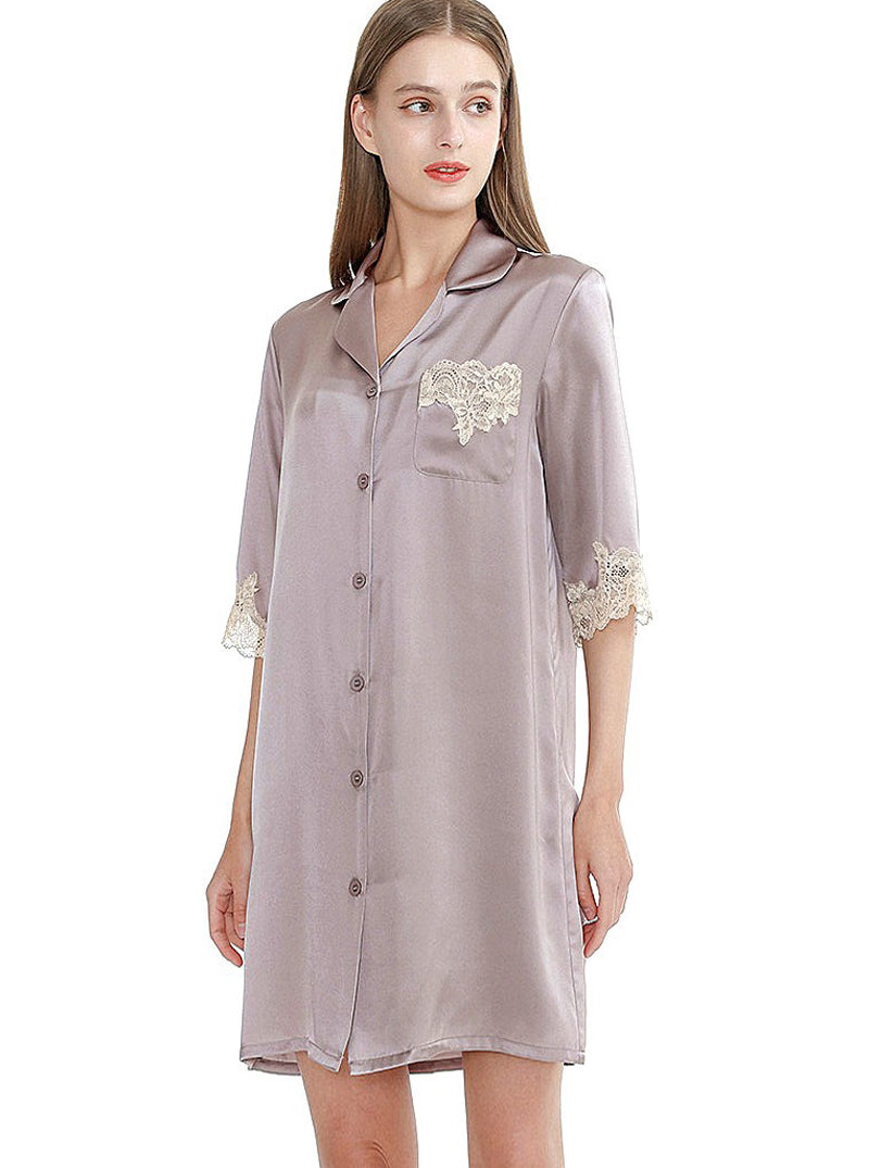 Summer Silk Female Small Lapel Noble Luxury Loose Mature Solid Color Mid-Sleeve Lace Nightdress