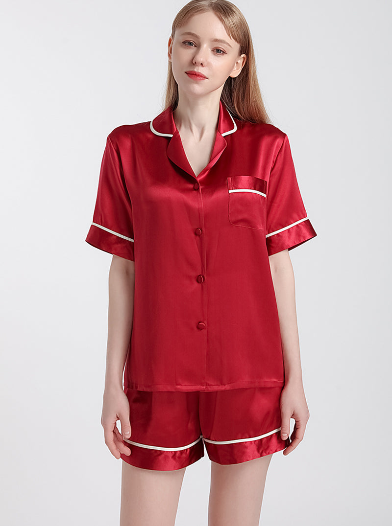 Silk Summer Ladies Small Lapel Cool And Comfortable Loose Stitching Multi-Color Short-Sleeved Shorts Pajamas Two-Piece Set