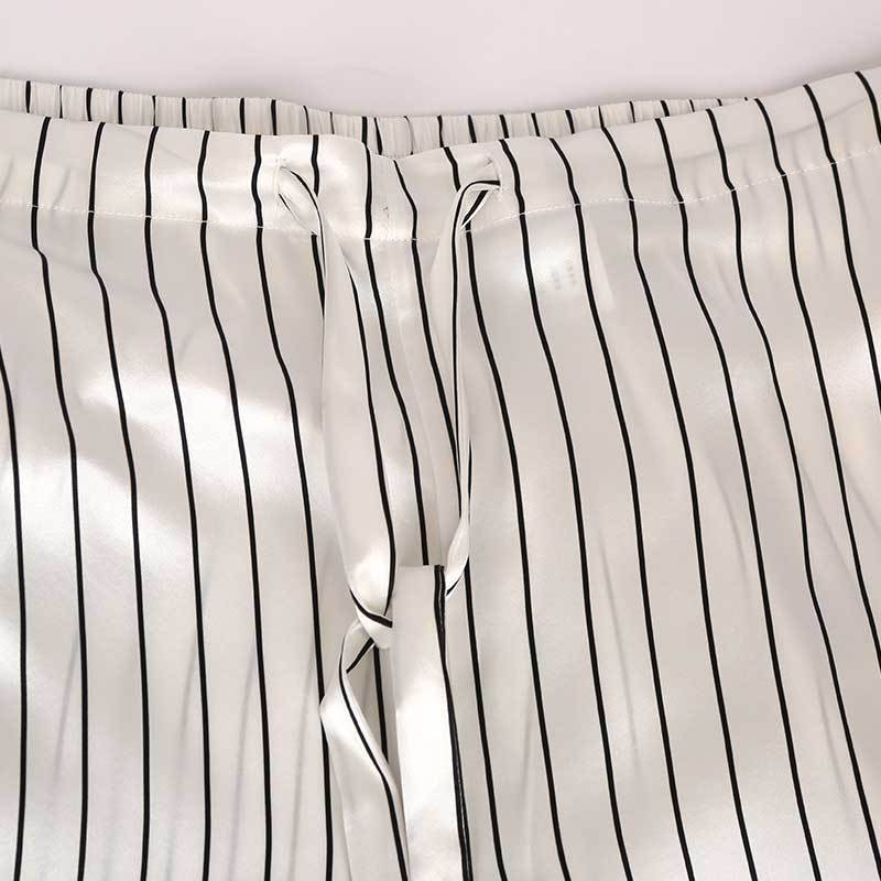 19 Momme Silk Spring Autumn Male Shirt Collar Black and White Striped Print Casual Long Sleeve Pants Pajamas Two Piece Set