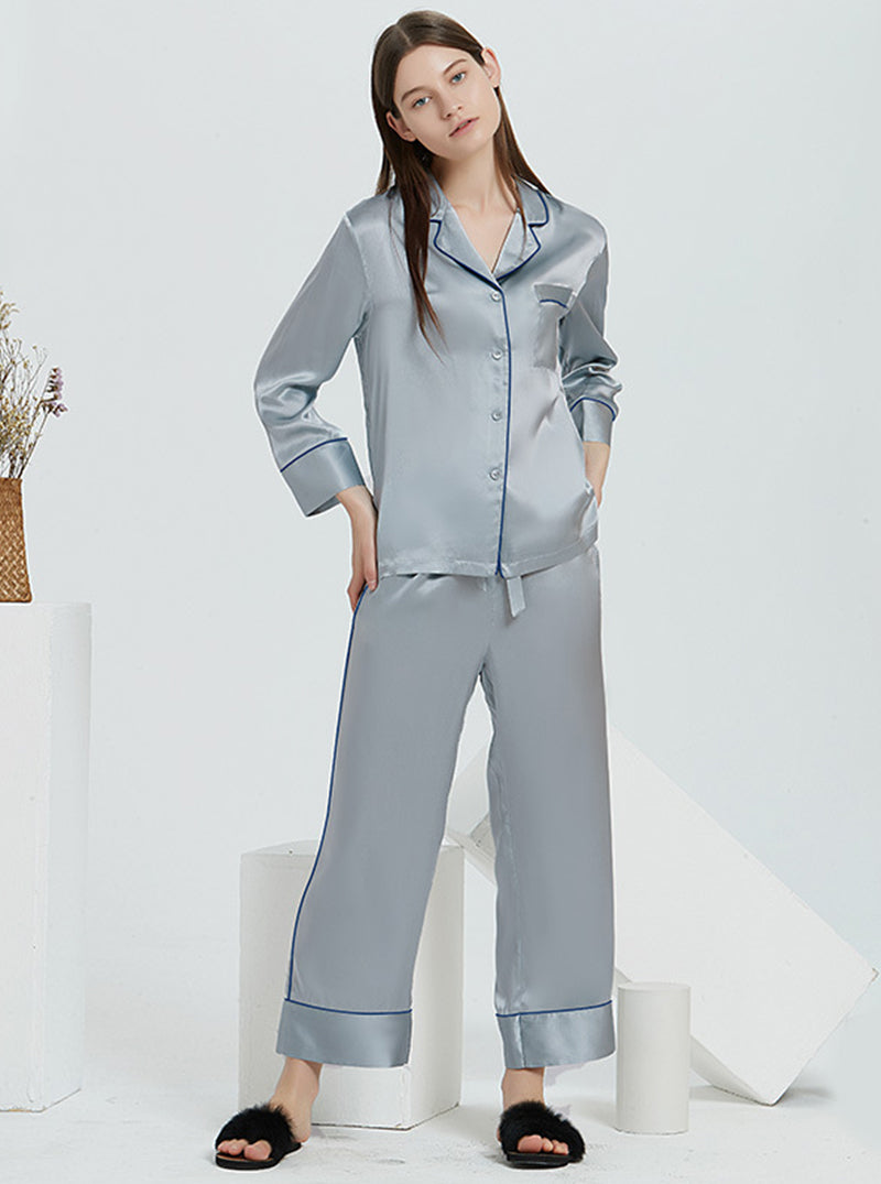 Female Autumn And Winter 22 Momme Silk Small Lapel Classic Casual Loose Solid Color Long-Sleeved Trousers Two-Piece Pajamas