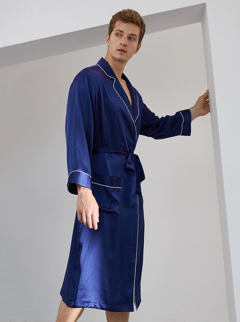 Suit Collar 19 Momme Silk Male Spring Summer Fashion High-End Solid Color Long-Sleeved Long Night-Robe