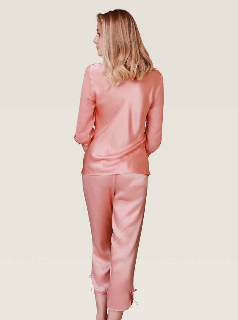 Mid-Sleeve Silk Spring And Autumn Female V-Neck Sexy Beautiful And Comfortable Lace Solid Color Pajamas Two-Piece Set