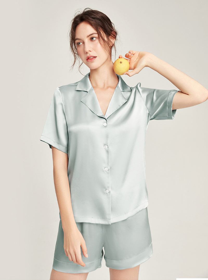 Silk summer Female small lapel simple youth fashion generous refreshing cool solid color short-sleeved two-piece pajamas
