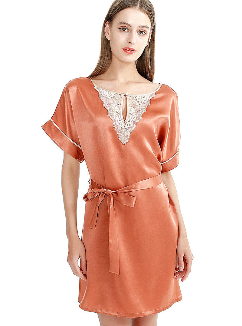 Silk Summer Lace Hollow V-Neck Female Simple And Elegant Belted Solid Color Short Sleeve Nightdress