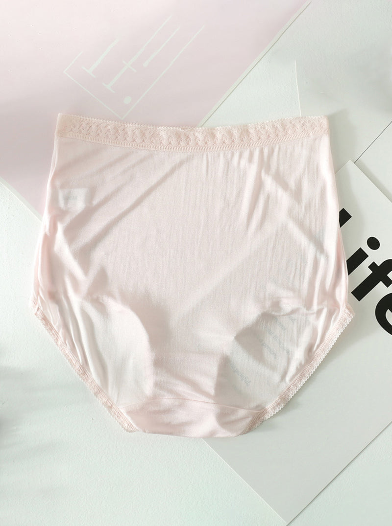 Pure Color Mulberry Silk Thin Breathable High Waist Briefs Lace Silk Panties
