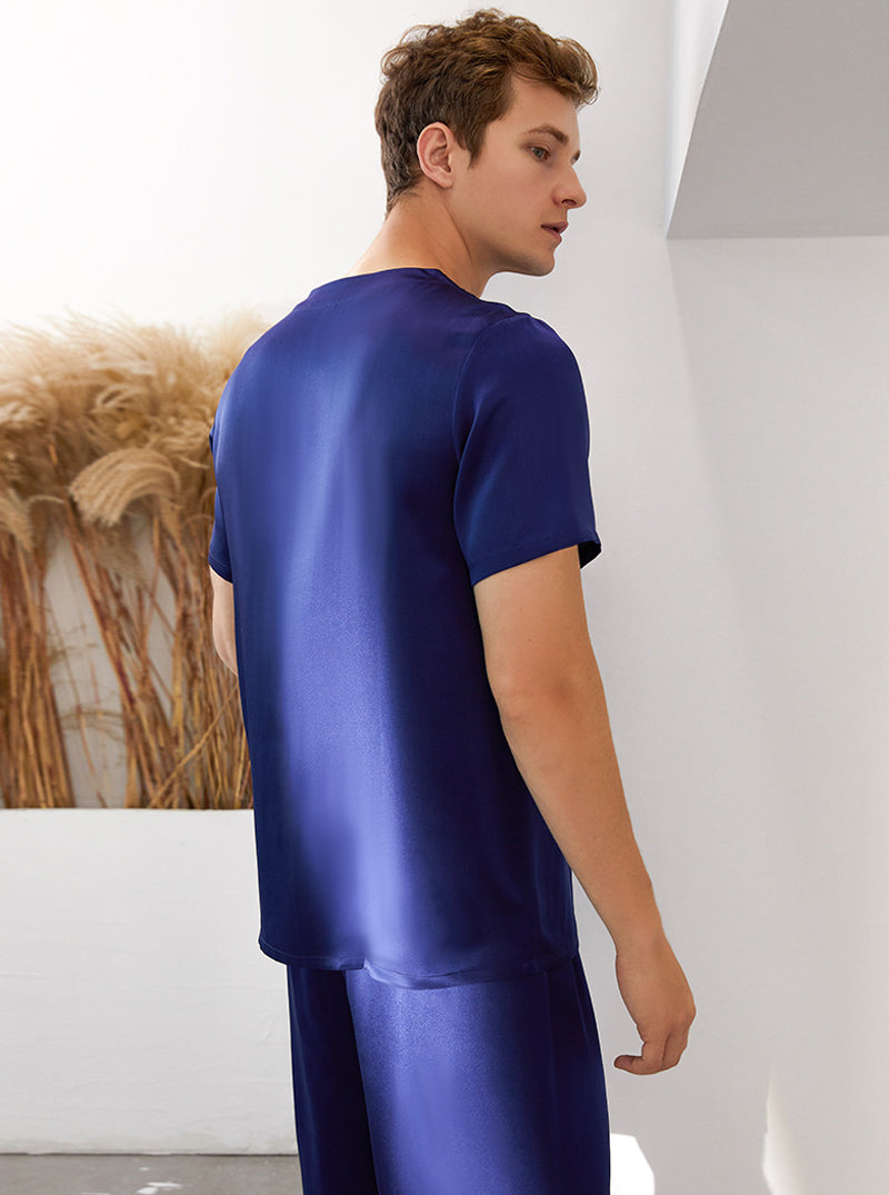 19 Momme Silk Summer Male Round Neck Casual Loose Handsome Solid Color Short-Sleeved Shorts Pajamas Two-Piece Set