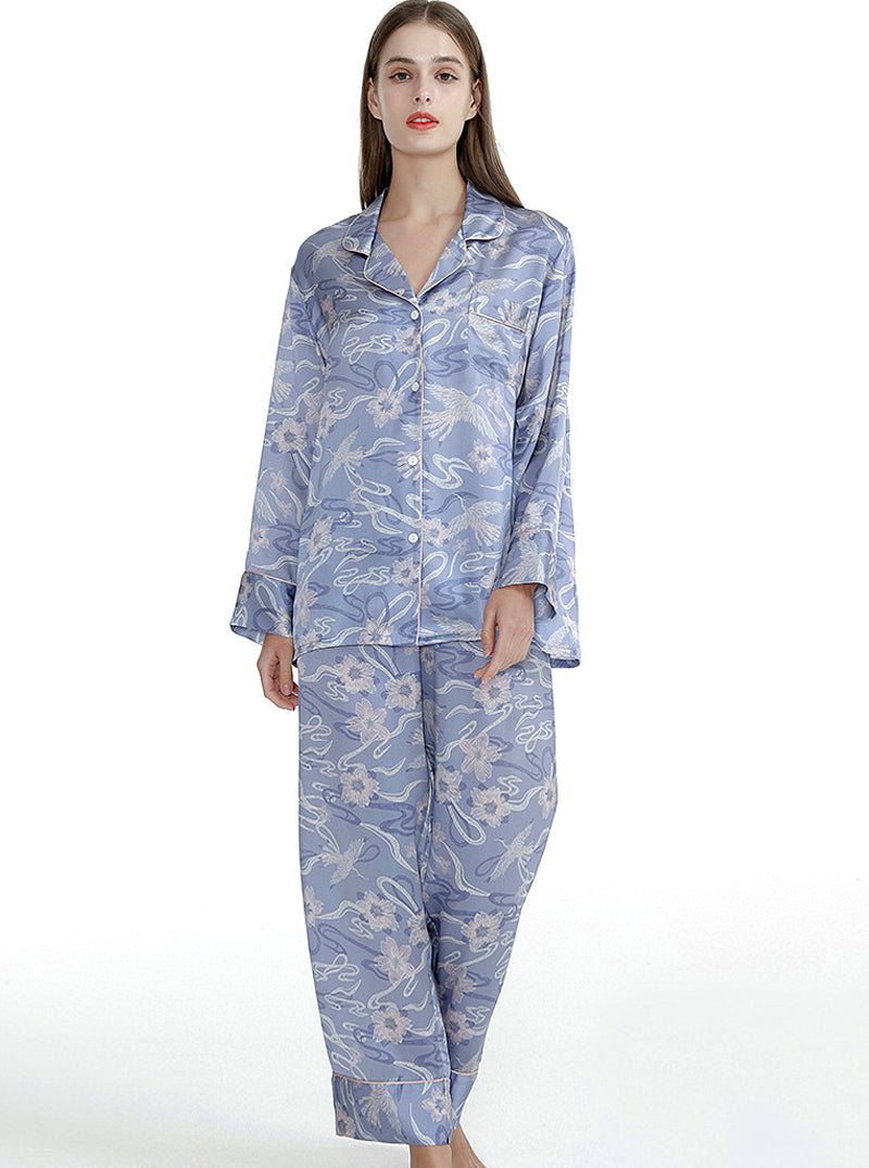 Silk Summer Female Small Lapel Print Elegant And Dignified Charming Multi-Color Long-Sleeved Pajamas Two-Piece Set