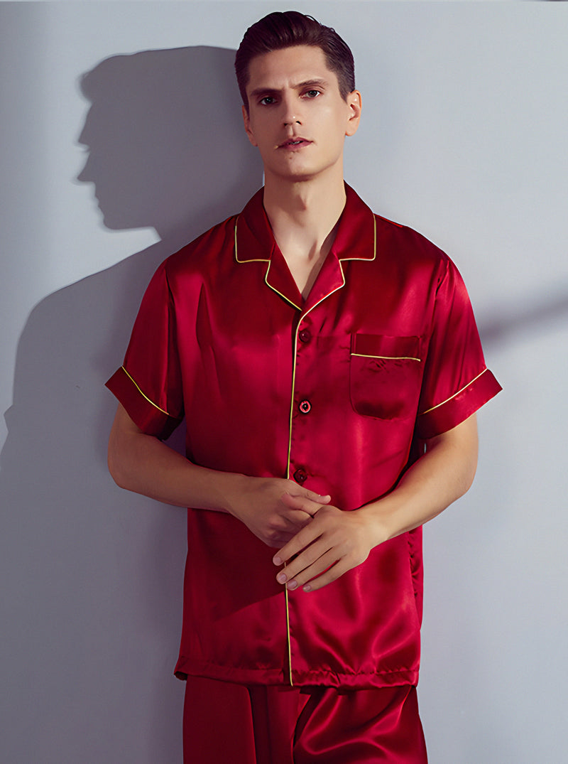 Silk Summer Male Small Lapel Comfortable Fashion Textured Multicolor Short Sleeve Pajamas Two-Piece Set