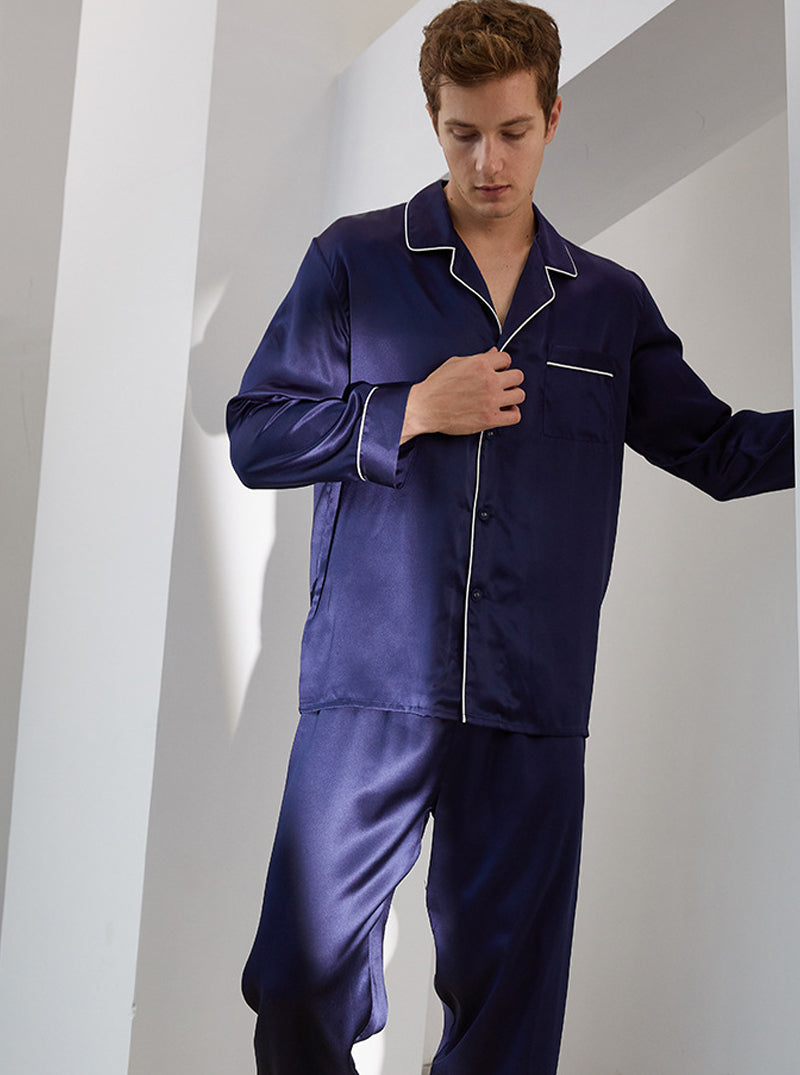 Spring And Summer 16 Momme Silk Male Small Lapel Solid Color Edge Contrast Color Line Simple Long-Sleeved Trousers Two-Piece Pajamas