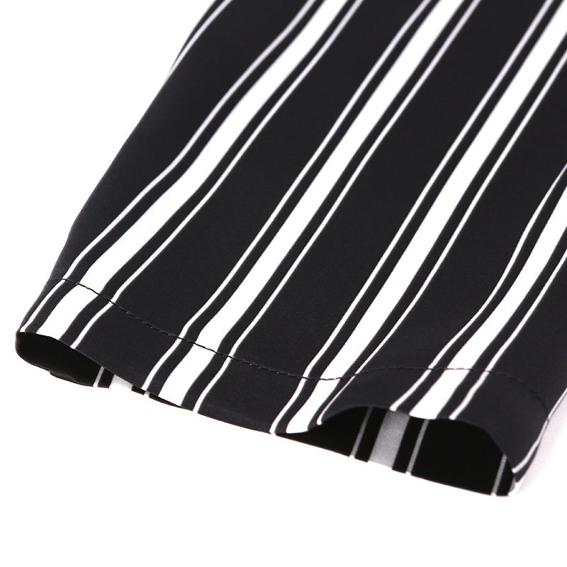 Male Summer 19 Momme Silk Shirt Collar Loose Temperament Black And White Striped Print Short-Sleeved Shorts Two-Piece Pajamas