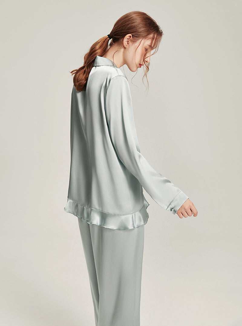 Solid Light Color Female Silk Autumn Shirt Collar Comfortable Breathable Ruffles Simple Basic Long Sleeve Pants Two Piece Pajamas