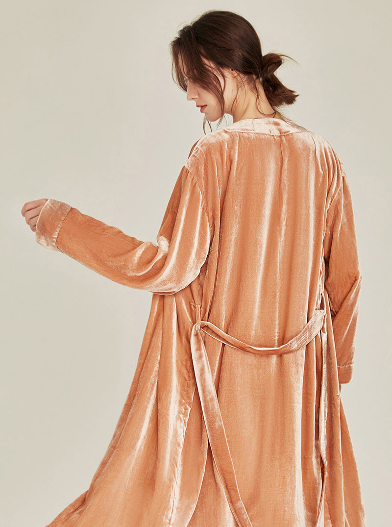 Warm Female Spring Autumn Matching Pajamas Silk Velvet Simplicity Elegant V Collar Sling Short Nightdress And Medium Length Night-Robe Set