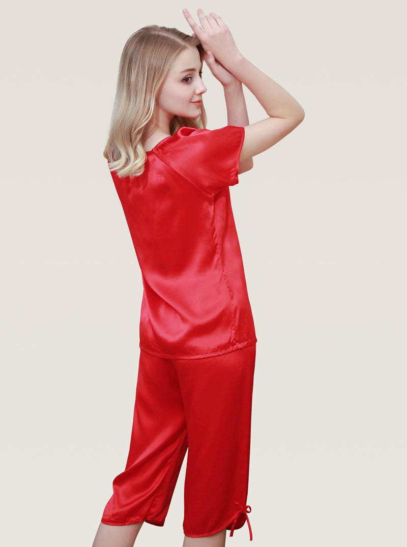Female Spring And Autumn Silk Round Neck Embroidered Drawstring Comfortable Soft Breathable Short Sleeve Mid-Length Pants