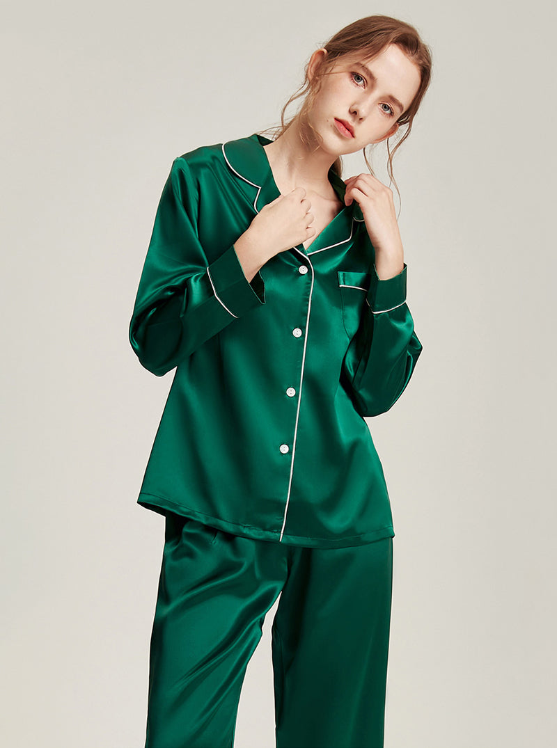 19 Momme Silk Autumn And Winter Female Simple Small Lapel Multi-Color Temperament High-Quality Pajamas Two-Piece Long-Sleeved Trousers