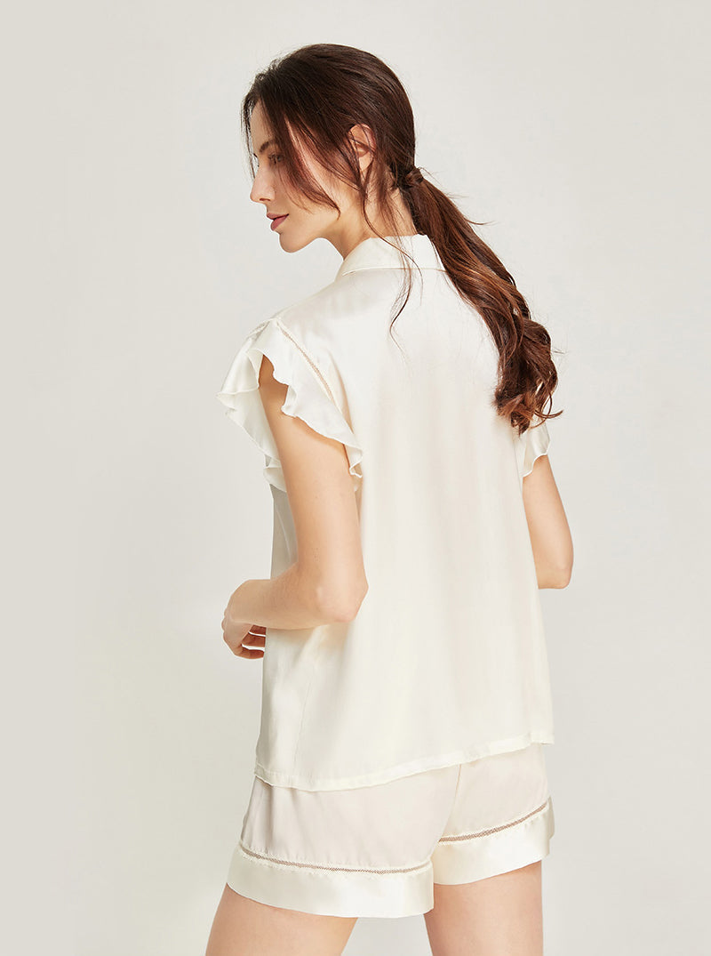 Silk Matching Pajamas Female Summer Simplicity Shirt Collar Lapel Lace Hollow Splicing Ruffle Small Flying Sleeve Top Shorts Two-Piece Set