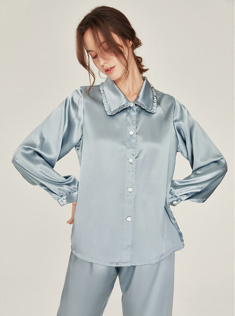 Silk Matching Pajamas Autumn Female Cute Ruffle Doll Collar Simplicity Pure Color Long Sleeve Two-Piece Set