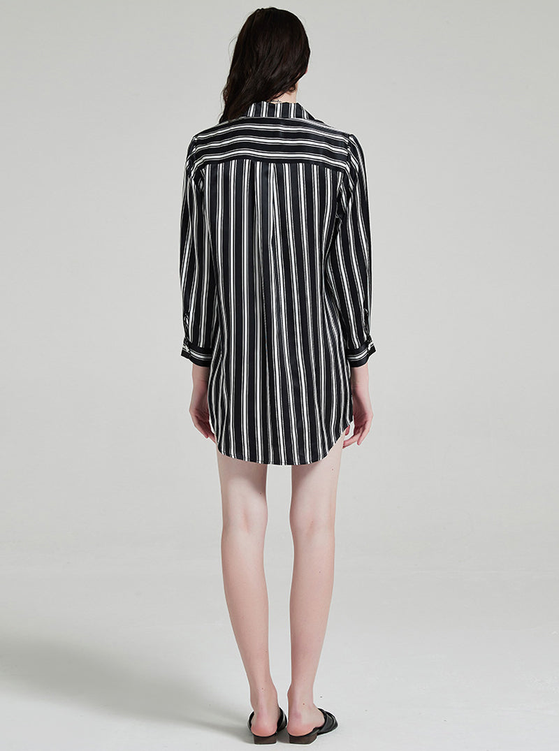 19 Momme Silk Black And White Striped Print Spring Autumn Blouse Collar Breathable Cool And Comfortable Long Sleeve Nightdress