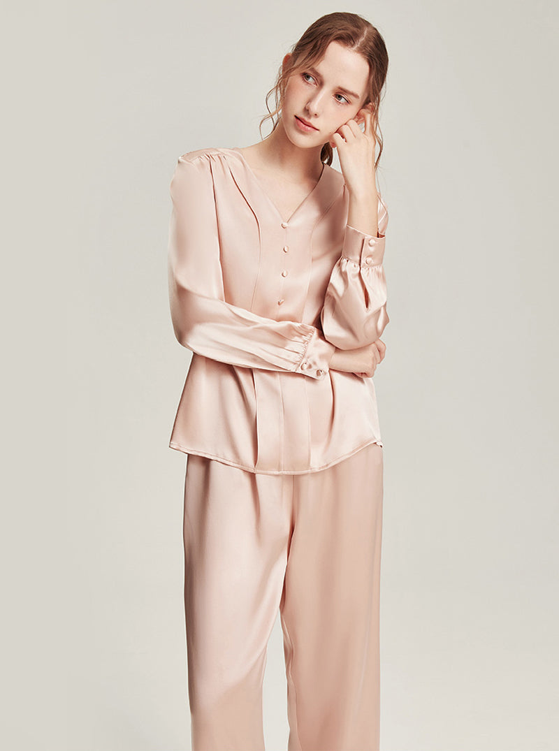 Simple V-Neck Silk Hideyoshi Female High-End Comfortable Solid Color Long-Sleeved Trousers Pajamas Two-Piece Set