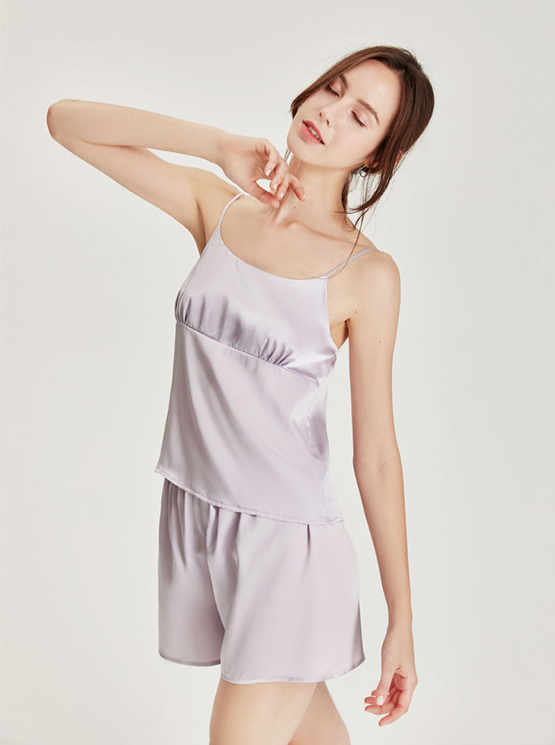 Simplicity Splicing Design Matching Pajamas Pure Color Silk Female Summer Round Collar Camisole Shorts Two-Piece Set