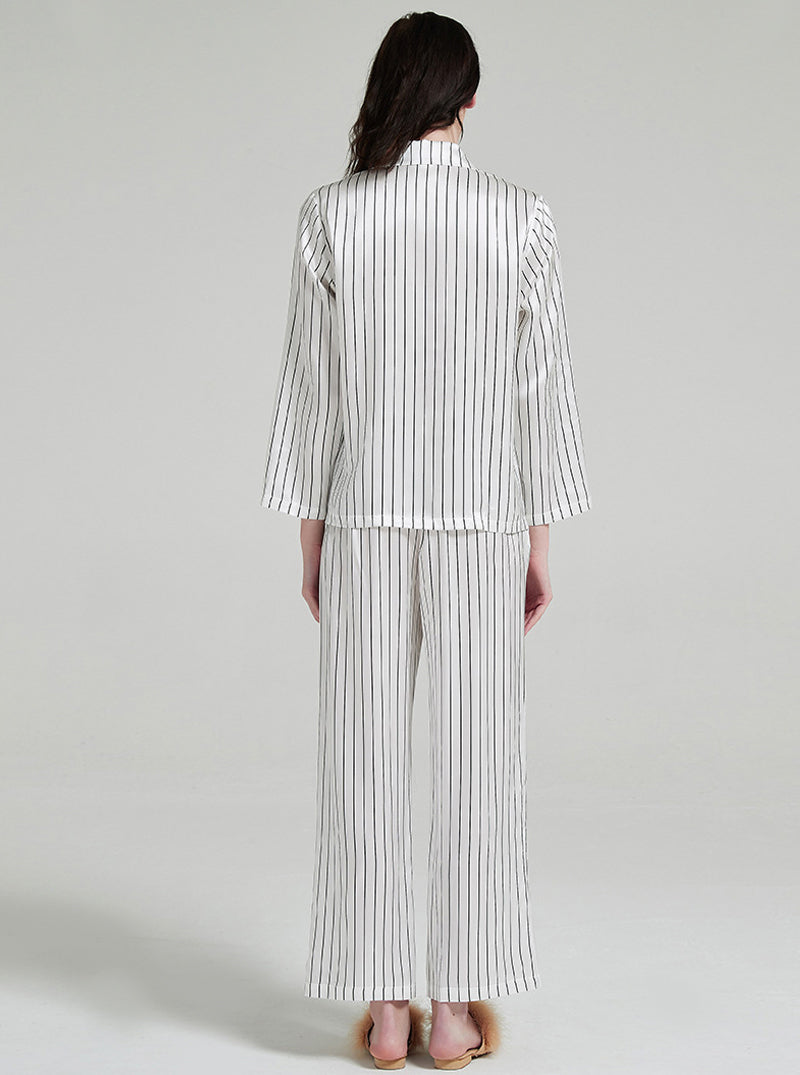 19 Momme Silk Spring Autumn Female Casual Advanced Breathable Black And White Striped Long Sleeve Pants Pajamas Two Piece Set