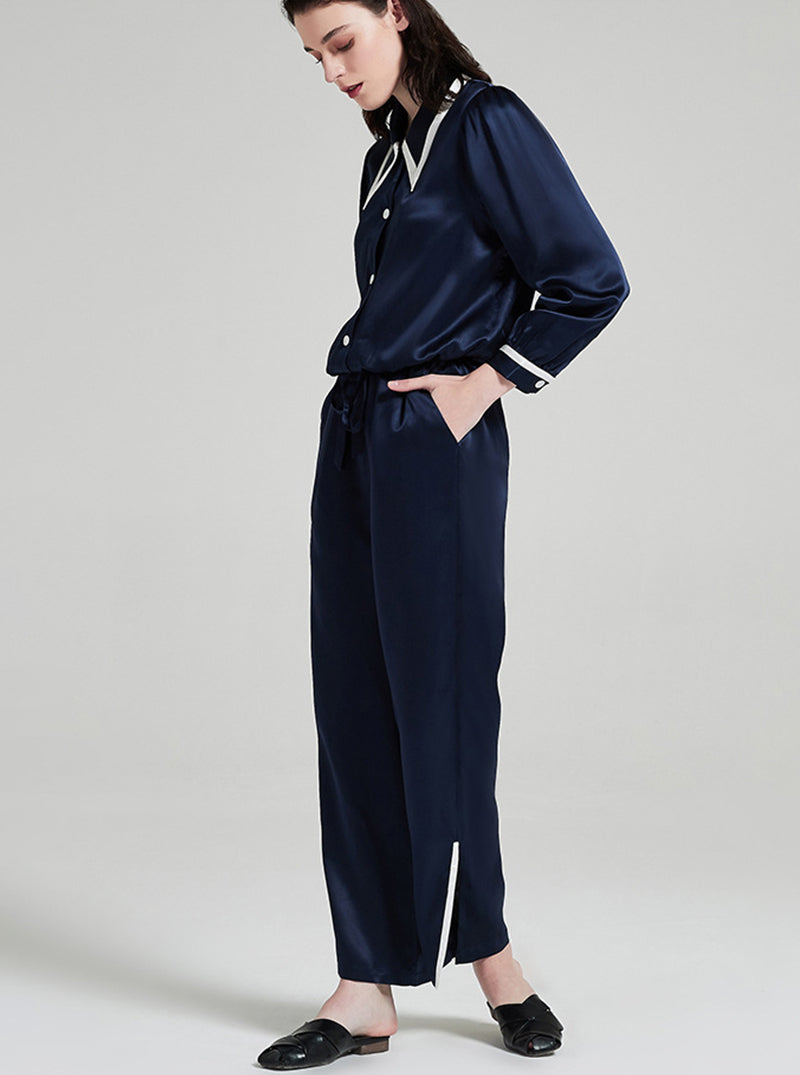 19 Momme Silk Female Spring Retro Pointed Collar High-Quality Temperament Leg Split Contrast Color Long-Sleeved Trousers Pajamas Two-Piece Set
