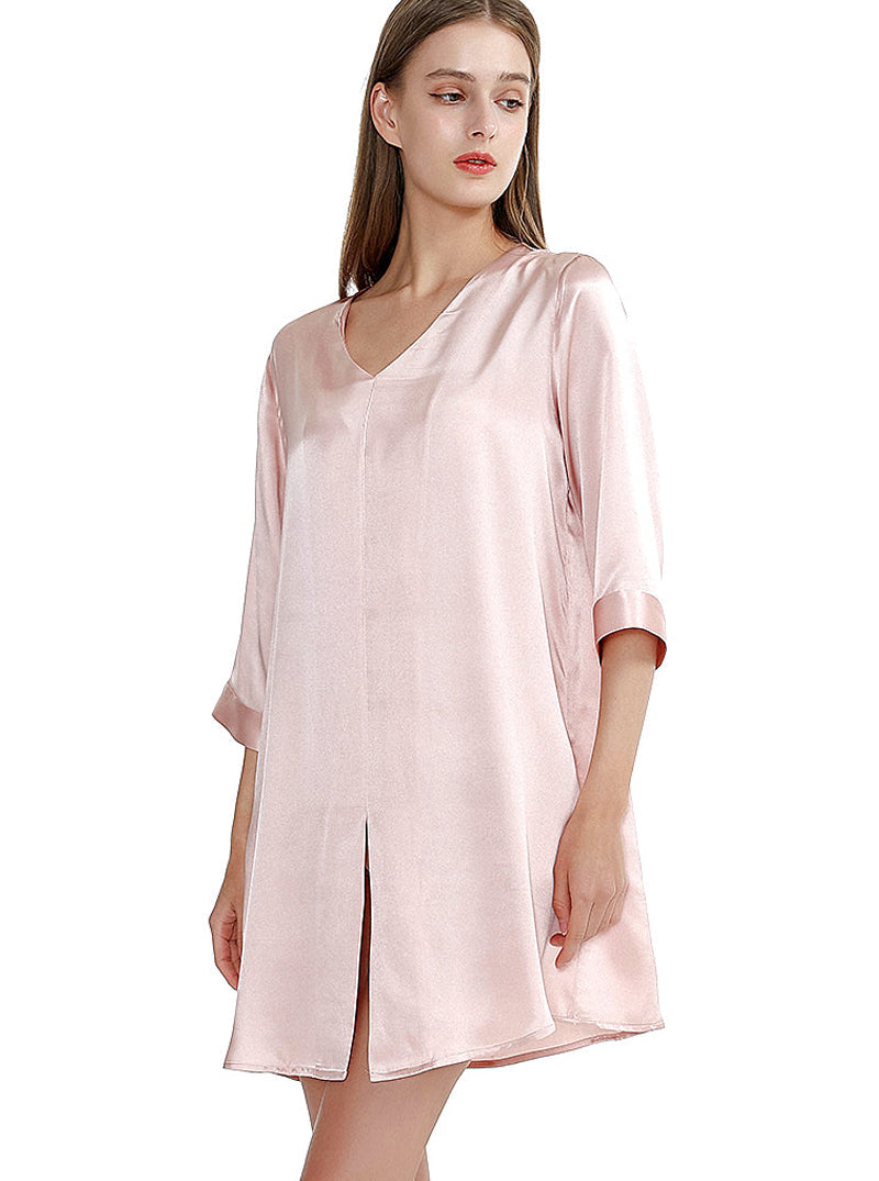 Silk Multicolor Summer Female V-Neck Sexy Casual Simple Solid Color Printed Mid-Sleeve Nightdress