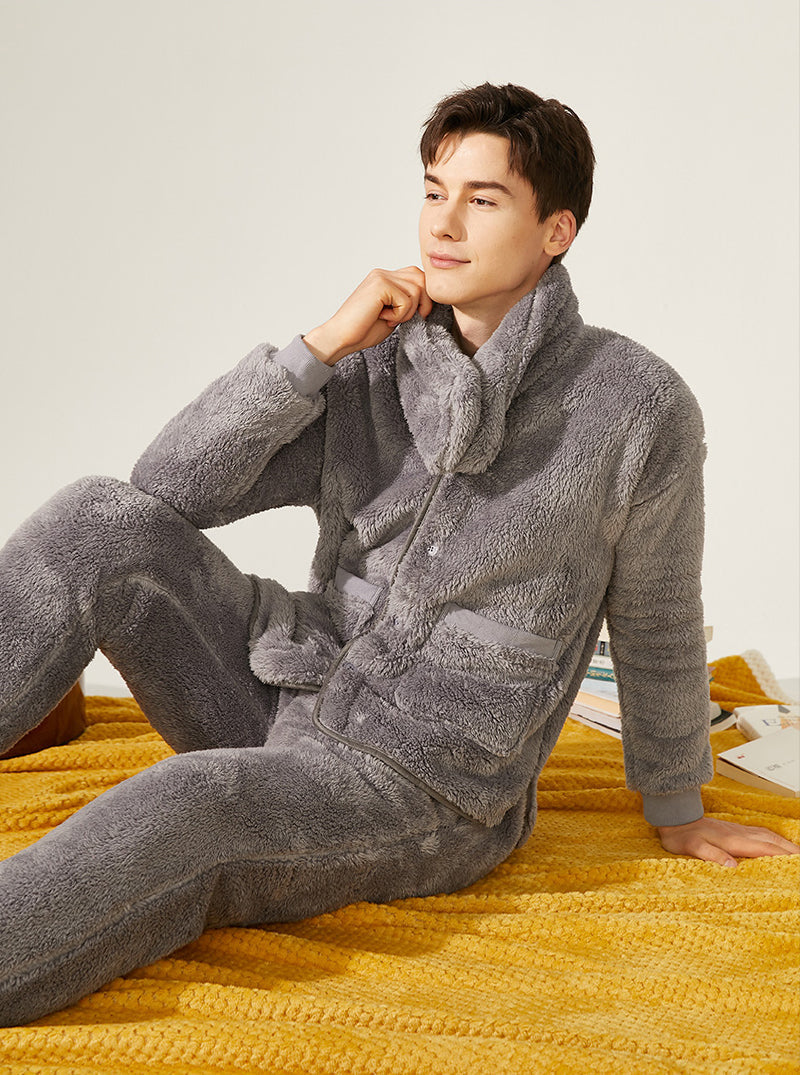 Thickened Warmth Winter Pajamas Male Small V Collar Long Sleeve With Scarf Can Be Worn Outdoors Coral Velvet Set