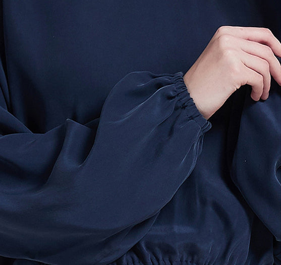 19 Momme Silk Navy Blue Spring And Autumn Female Round Neck Sand Wash Soft Loose Long-Sleeved Trousers Pajamas Two-Piece Set