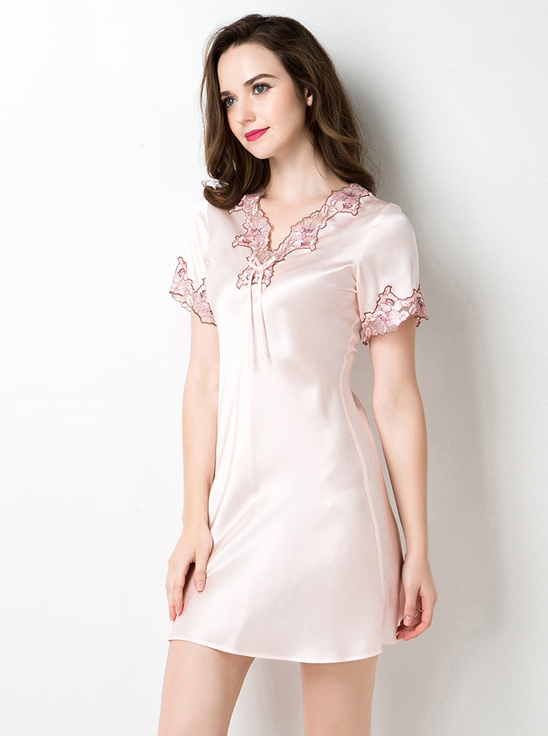 Silk Summer Female Lace Stitching V-Neck Sexy High-End Luxury Casual Solid Color Short-Sleeved Nightdress