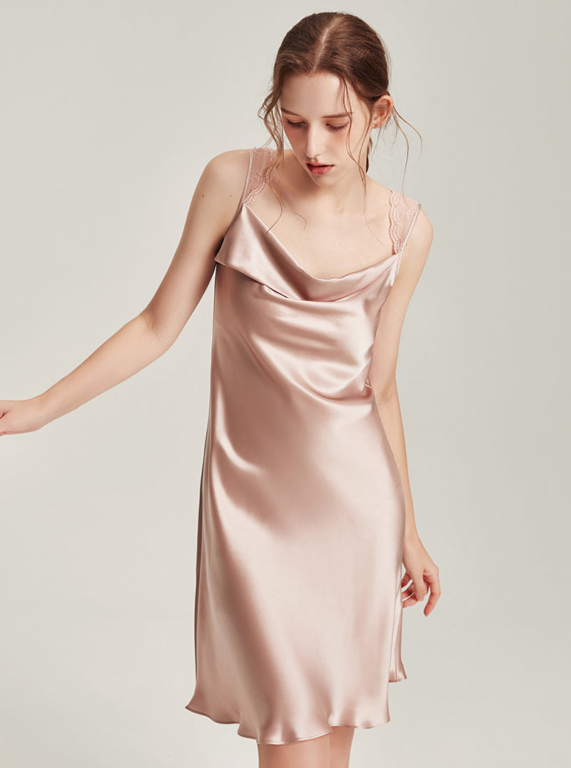 Silk Female Autumn Swing Collar Elegant Romantic Simple Soft Stitching Perspective Lace Suspender Nightdress Long-Sleeved Nightgown