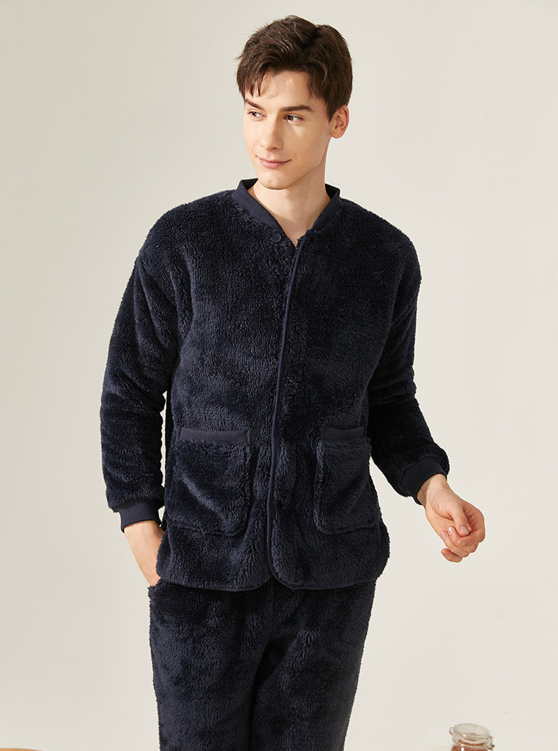 Thickened Warmth Winter Pajamas Male Small V Collar Long Sleeve With Scarf Can Be Worn Outdoors Coral Velvet Set