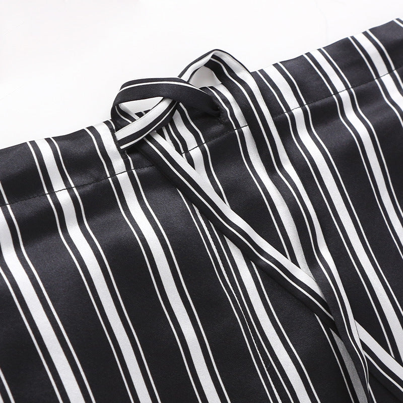 Male Summer 19 Momme Silk Shirt Collar Loose Temperament Black And White Striped Print Short-Sleeved Shorts Two-Piece Pajamas