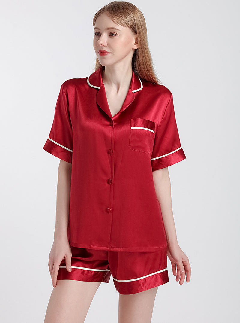 Silk Summer Ladies Small Lapel Cool And Comfortable Loose Stitching Multi-Color Short-Sleeved Shorts Pajamas Two-Piece Set
